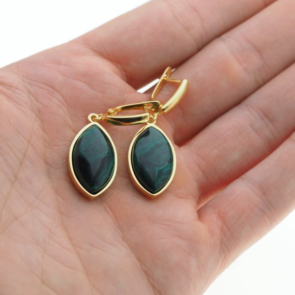 Malachit i srebro złocone - kolczyki markizy (para)