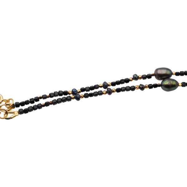 Turmalin czarny, Perła, hematyt i srebro złocone - bransoletka