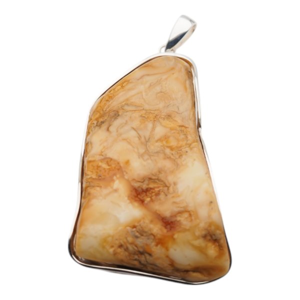 Naturalny, mleczny Bursztyn częściowo polerowany i srebro - naszyjnik na rzemieniu