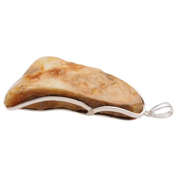 Naturalny, mleczny Bursztyn częściowo polerowany i srebro - naszyjnik na rzemieniu