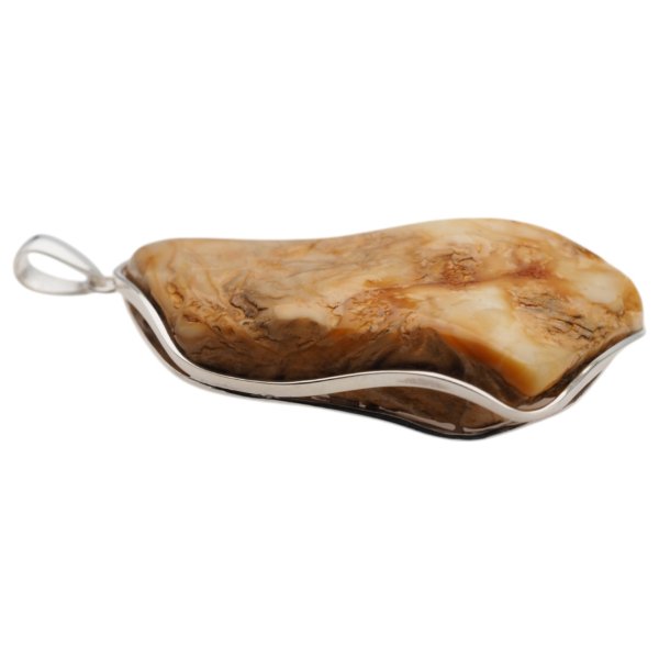 Naturalny, mleczny Bursztyn częściowo polerowany i srebro - naszyjnik na rzemieniu