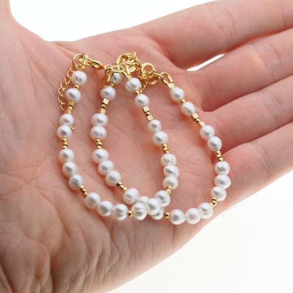 Perły Naturalne białe i srebro złocone - bransoleta 17,5 cm + regulacja