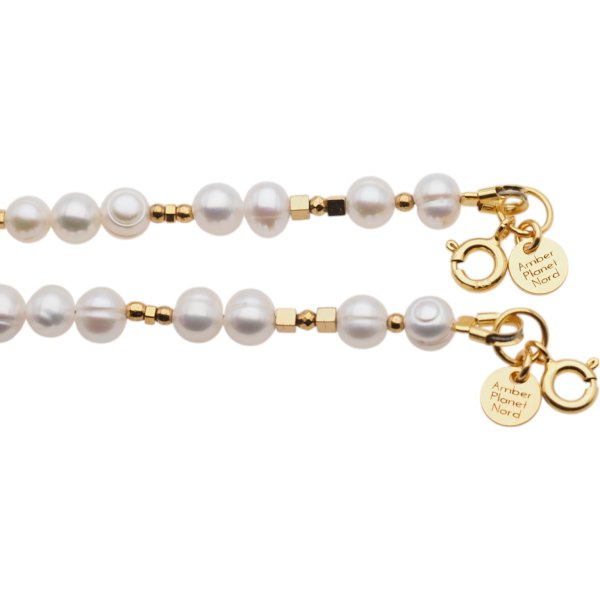 Perły Naturalne białe i srebro złocone - bransoleta 17,5 cm + regulacja