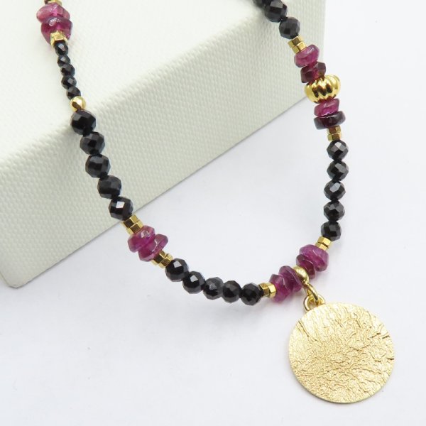 Turmalin, Granat, Hematyt i srebro złocone - naszyjnik 