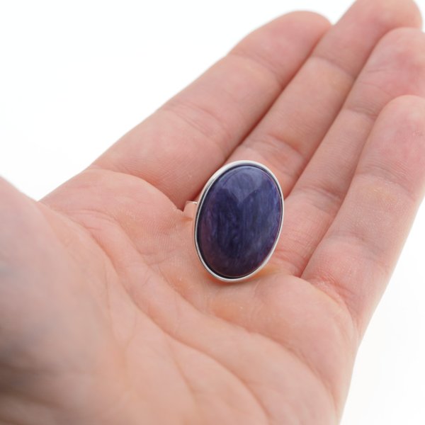 Czaroit i srebro - pierścionek owal (Rozmiar Jubilerski 14) z regulacją