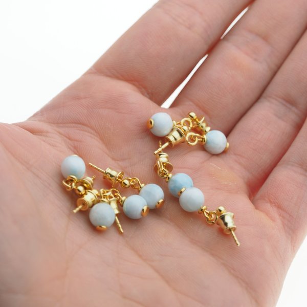 Larimar w srebrze złoconym - kolczyki kulki, wiszące sztyfty