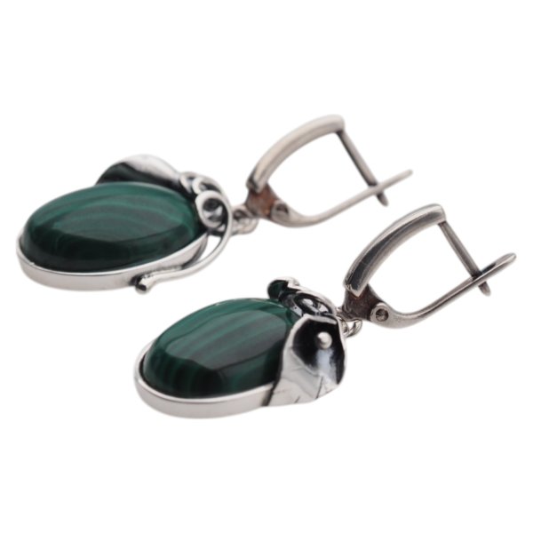 Malachit w srebrze oksydowanym - kolczyki owale w liściach
