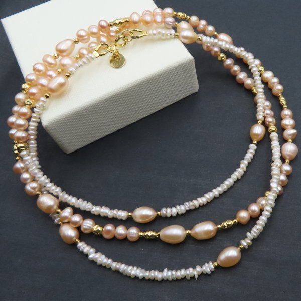 Perły Naturalne, hematyt i srebro złocone - długi naszyjnik 