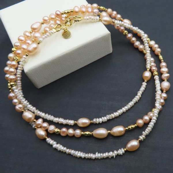 Perły Naturalne, hematyt i srebro złocone - długi naszyjnik 