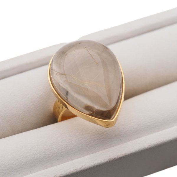 Kwarc Rutylowy ze złotą nitką i srebro złocone - pierścionek łezka (Rozmiar Jubilerski 16)