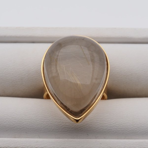 Kwarc Rutylowy ze złotą nitką i srebro złocone - pierścionek łezka (Rozmiar Jubilerski 16)