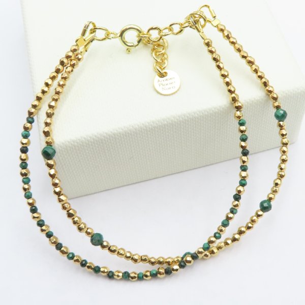 Podwójna Bransoletka dla BYKA - Malachit, Hematyt w srebrze złoconym