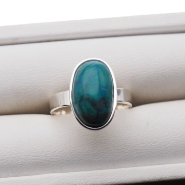 Chryzokola i srebro - pierścionek owal (Rozmiar Jubilerski 14) z regulacją