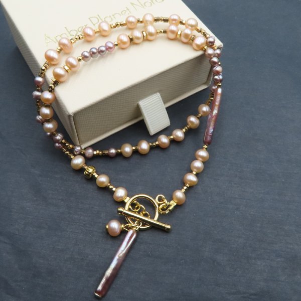 Mix Pereł Naturalnych, Hematy i srebro złocone - naszyjnik 45cm