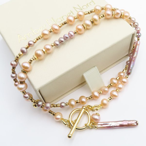 Mix Pereł Naturalnych, Hematy i srebro złocone - naszyjnik 45cm