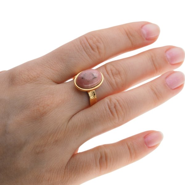 Rodochrozyt i srebro złocone (podwójnie) - pierścionek owal z regulacją (różne rozmiary)