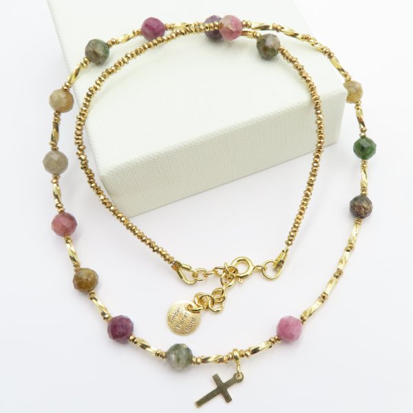 Turmalin, Hematyt i srebro złocone - naszyjnik różaniec