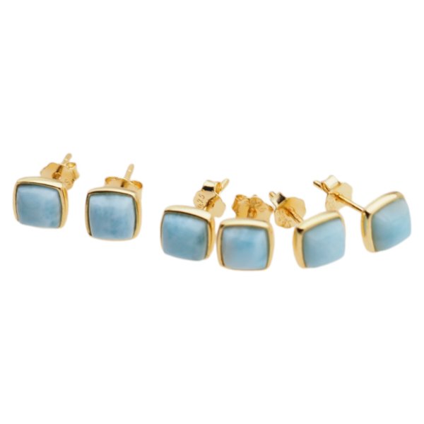 Larimar kwadratowy w srebrze złoconym - kolczyki sztyfty