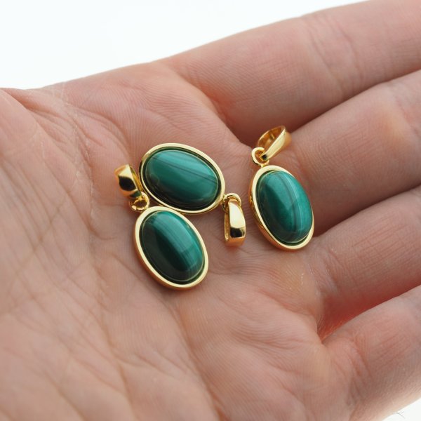 Malachit i srebro złocone - zawieszka owal