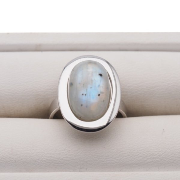 Kamień Księżycowy i srebro rodowane - pierścionek owal (Rozmiar Jubilerski 14) z regulacją
