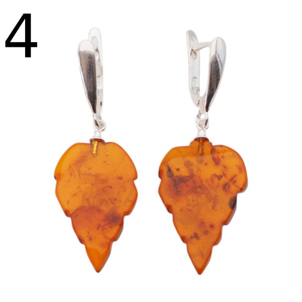 Bursztyn koniakowy, rzeźbiony i srebro - kolczyki listki (różne pary do wyboru)