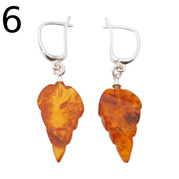 Bursztyn koniakowy, rzeźbiony i srebro - kolczyki listki (różne pary do wyboru)