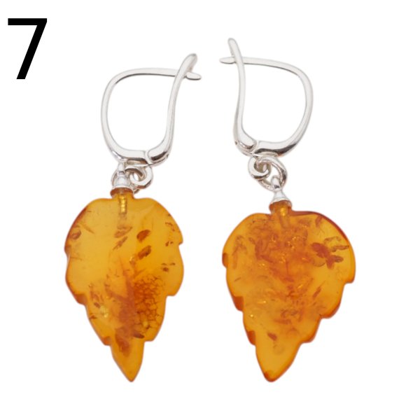 Bursztyn koniakowy, rzeźbiony i srebro - kolczyki listki (różne pary do wyboru)