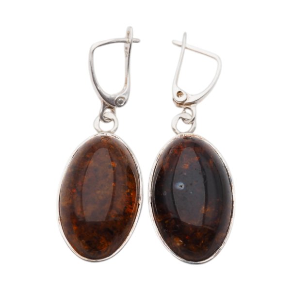 Koniakowy Bursztyn owalny w srebrze - kolczyki