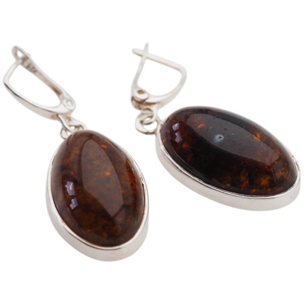 Koniakowy Bursztyn owalny w srebrze - kolczyki