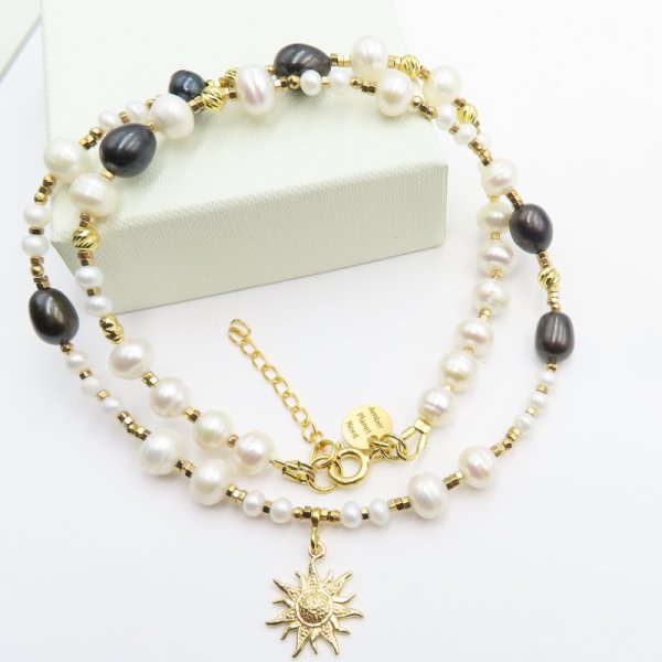 Perły Naturalne, hematyt i srebro złocone - naszyjnik 