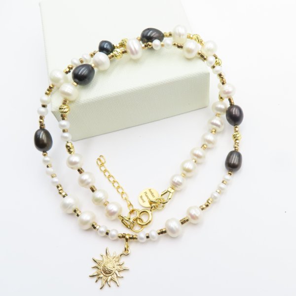 Perły Naturalne, hematyt i srebro złocone - naszyjnik 