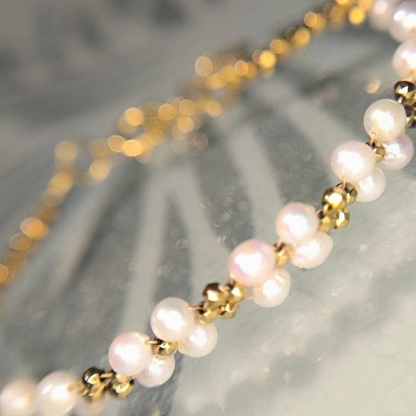 Perły i Hematyt w srebrze złoconym - bransoletka pleciona