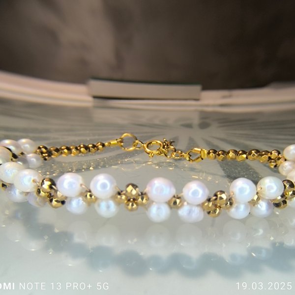 Perły i Hematyt w srebrze złoconym - bransoletka pleciona