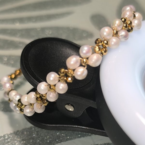 Perły i Hematyt w srebrze złoconym - bransoletka pleciona