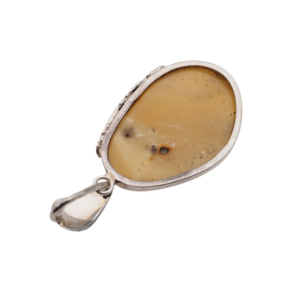 Mleczny Bursztyn i srebro - zawieszka z kwiatem