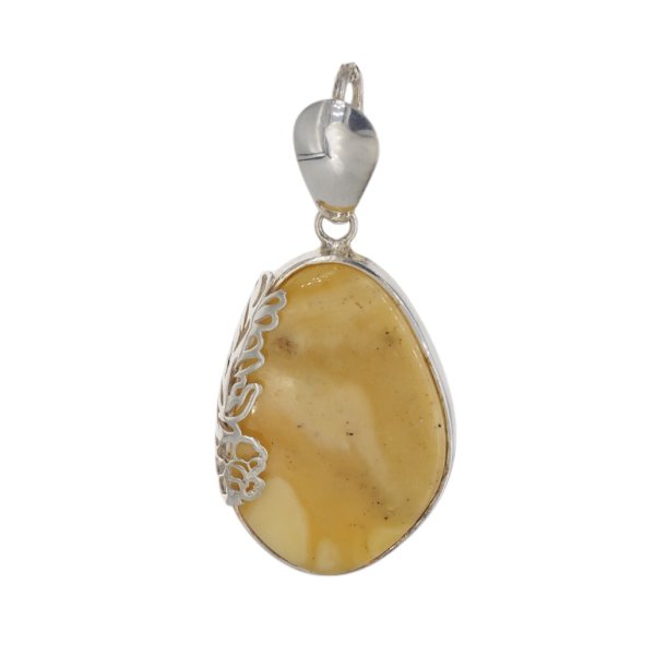 Mleczny Bursztyn i srebro - zawieszka z kwiatem