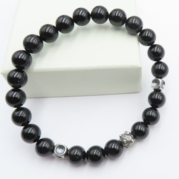 Turmalin Czarny i srebro oksydowane - bransoleta MĘSKA 20 cm