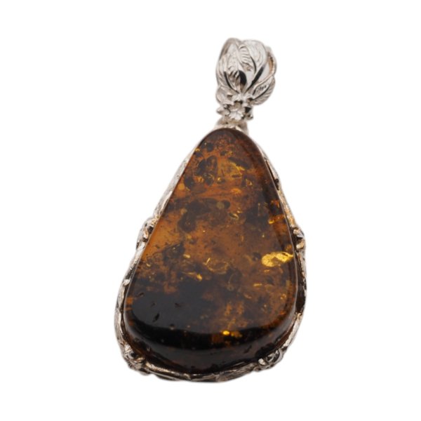 Koniakowy Bursztyn z łuskami i srebro - zawieszka trójkąt
