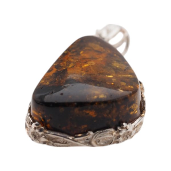 Koniakowy Bursztyn z łuskami i srebro - zawieszka trójkąt