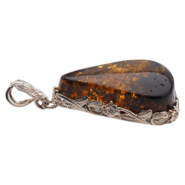 Koniakowy Bursztyn z łuskami i srebro - zawieszka trójkąt