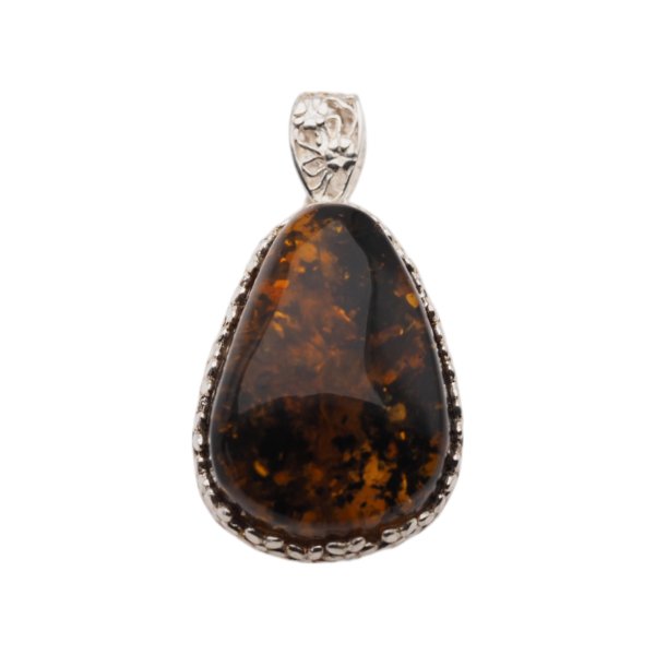 Koniakowy Bursztyn z łuskami i srebro - zawieszka trójkąt