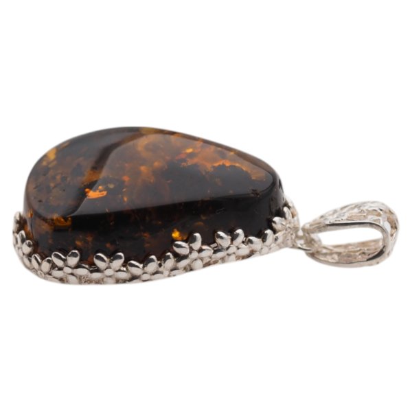 Koniakowy Bursztyn z łuskami i srebro - zawieszka trójkąt