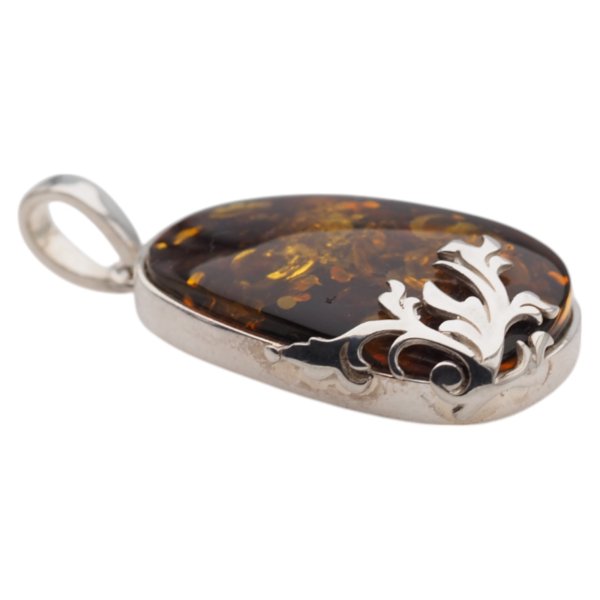 Koniakowy Bursztyn z łuskami i srebro - zawieszka prostokąt