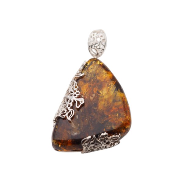 Koniakowy Bursztyn z łuskami i srebro - zawieszka trójkąt