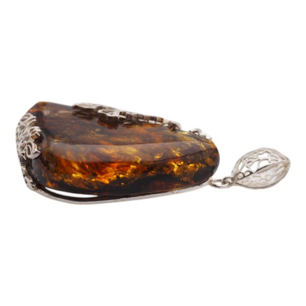 Koniakowy Bursztyn z łuskami i srebro - zawieszka trójkąt