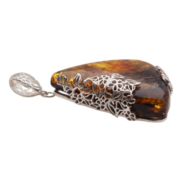 Koniakowy Bursztyn z łuskami i srebro - zawieszka trójkąt