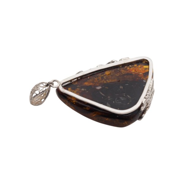 Koniakowy Bursztyn z łuskami i srebro - zawieszka trójkąt