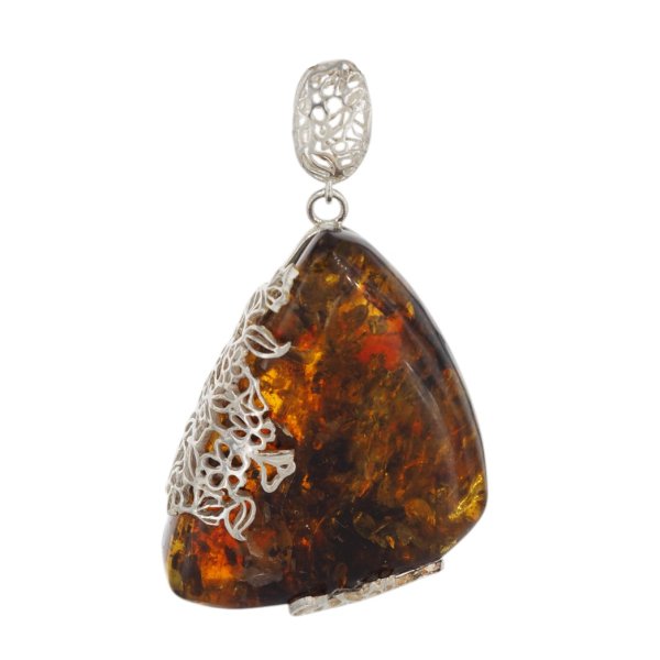 Koniakowy Bursztyn z łuskami i srebro - zawieszka trójkąt