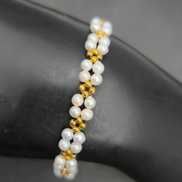 Perły i Hematyt w srebrze złoconym - bransoletka pleciona