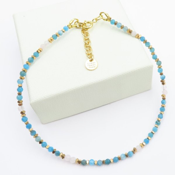 Apatyt, Kamień Księżycowy i Hematyt w srebrze złoconym - bransoletka na nogę